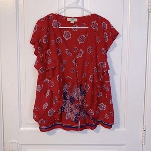Ruffled Red, White, and Blue Floral Blouse